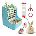 3-in-1 Guinea Pig Hay Feeder Water Bottle Nail Scissors Set, Pets Feeding Kit for Small Animals Bunny Chinchilla Guinea Pig Rabbit, 250ml No Drip, Blue