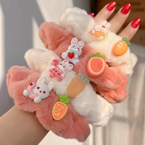 locklux cartoon fur scrunchies for womengirl  soft plush korean scrunchies-multicolor rubber band pink