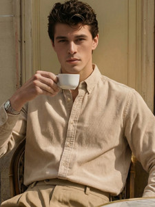LOCOMOTIVE Men Self Design Casual Beige Shirt