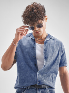 LOCOMOTIVE Men Self Design Casual Blue Shirt