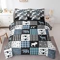 Lodge Cabin 7 Piece Comforter Set Full Bed in a Bag, Bear Elk Deer Camping Bedding Sets Teal Blue Plaid Woodland Wildlife Comforter and Sheet Set, Patchwork Vintage Antler Rustic Farmhouse Decor