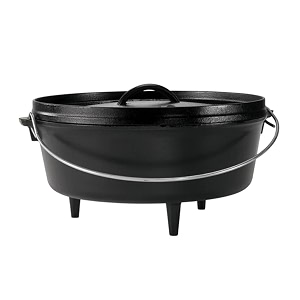 lodge 6 quart pre-seasoned cast iron camp dutch oven with lid - dual handles - use in the oven on the stove on the grill or over the campfire - black