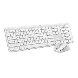 logitech mk950 signature slim wireless keyboard and mouse combo sleek design quiet typing and clicking switch across three devices bluetooth multi-os works with windows and mac - white