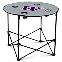 Logo Brands NCAA Washington Huskies Round Tailgating Table – Portable with Foldable Legs, 4 Cup Holders, Powder-Coated Steel, and 27.6" Surface Diameter, Team Color