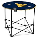 Logo Brands NCAA West Virginia Mountaineers Round Tailgating Table – Portable with Foldable Legs, 4 Cup Holders, Powder-Coated Steel, and 27.6" Surface Diameter, Team Color