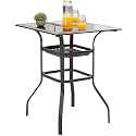 LOKATSE Home High Outdoor Patio Bar Height Glass Top Table, Black