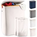 LONBET Laundry Basket with Lid, Made from Breathable Fabric | Aesthetic Clothes Hampers for Laundry with Side Handles & Sturdy Bamboo Frame (40 Gallons - Double, Beige)