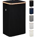 LONBET Laundry Basket with Lid, Made from Breathable Fabric | Aesthetic Clothes Hampers for Laundry with Side Handles & Sturdy Bamboo Frame (26 Gallons - Single, Black)