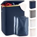 LONBET Laundry Basket with Lid, Made from Breathable Fabric | Aesthetic Clothes Hampers for Laundry with Side Handles & Sturdy Bamboo Frame (40 Gallons - Double, Blue)
