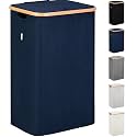 LONBET Laundry Basket with Lid, Made from Breathable Fabric | Aesthetic Clothes Hampers for Laundry with Side Handles & Sturdy Bamboo Frame (26 Gallons - Single, Blue)