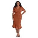 London Times Women's V-Neck Dress - Flounce Hem, Twist Waist, Elegant Office &amp; Event Wear