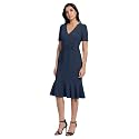 London Times Women's V-Neck Dress - Flounce Hem, Twist Waist, Elegant Office &amp; Event Wear