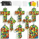 Lonfliness 32 Set Cross Suncatchers Craft DIY Religious VBS Window Stain Glass Effect Paper Christian Home Sunday Easter Decorations Art Craft Creative Activity Project Gift Favor