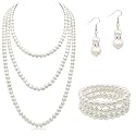 Long Pearl Necklaces for Women Cream White Faux Pearl Strand Layered Necklace Costume Jewelry