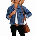 LONGBIDA Women's Jean Jacket Frayed Washed Button Up Cropped Denim Jacket