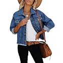 LONGBIDA Women's Jean Jacket Frayed Washed Button Up Cropped Denim Jacket