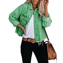 LONGBIDA Women's Jean Jacket Frayed Washed Button Up Cropped Denim Jacket
