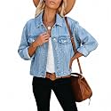 LONGBIDA Women's Jean Jacket Frayed Washed Button Up Cropped Denim Jacket