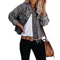LONGBIDA Women's Jean Jacket Frayed Washed Button Up Cropped Denim Jacket
