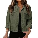 LONGBIDA Women's Jean Jacket Frayed Washed Button Up Cropped Denim Jacket