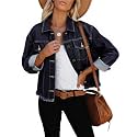 LONGBIDA Women's Jean Jacket Frayed Washed Button Up Cropped Denim Jacket