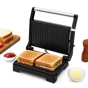 longway crisp master 1000 w electric panini sandwich maker grill amp toaster  non-stick coating cast aluminum plates  adjustable height control amp floating hinges metallic silver