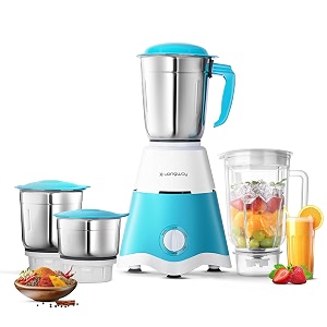 longway super dlx juicer mixer grinder  up to 750w max output powerful motor  4 jars for grinding mixing juicing  2 year warranty  blue amp white