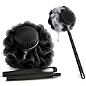 Loofah with Handle & Shower Brush Charcoal 2 Pack- Back Scrubber for Shower for Men & Women, Body Brush Ideal for Exfoliation, Back Loofah for Shower with Bath Brush, Long Handle for Shower Back Brush