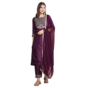 LookMark Womens Silk Blend Embroidered Kurti Set