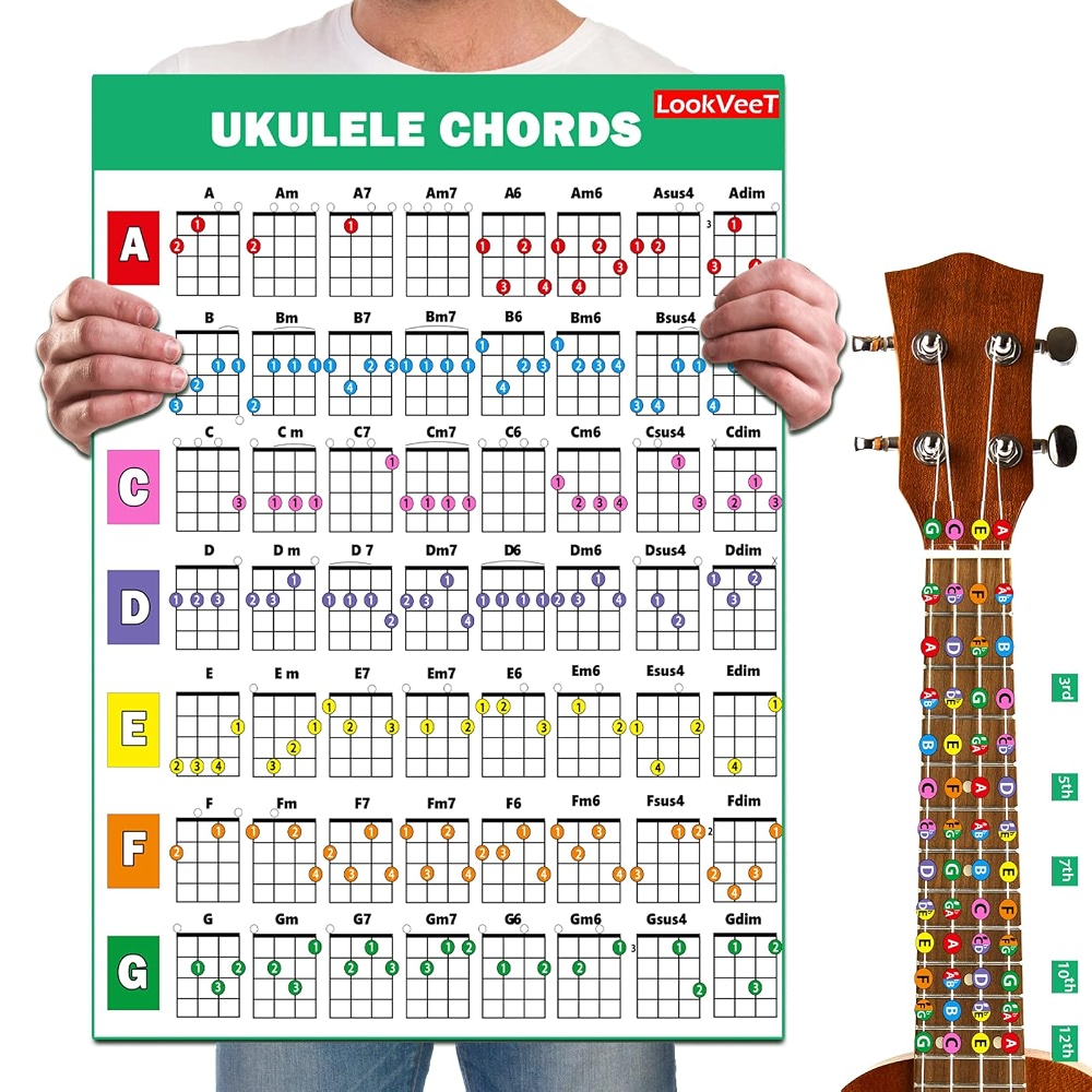 LookVeeT Ukulele Chord Chart Poster For Beginner And Portable A4 ...