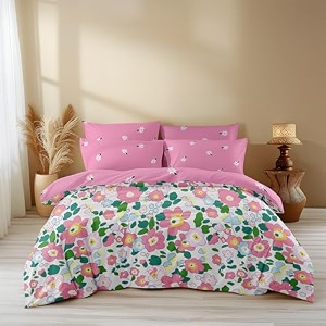 loomlyfe 300 tc cotton all season king size ac comforter  blanket  duvet with 1 king size flat bedsheet 108x108 inch and 2 large pillow cover - 4 piece comforter set - pinkflowers