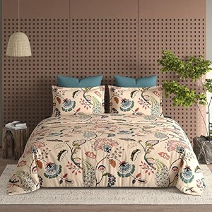 loomlyfe glace cotton floral 300 tc all season king size ac comforter  blanket  duvet for double bed with 1 flat bedsheet and 2 large pillow covers - 4 piece comforter set - beigeanokhi