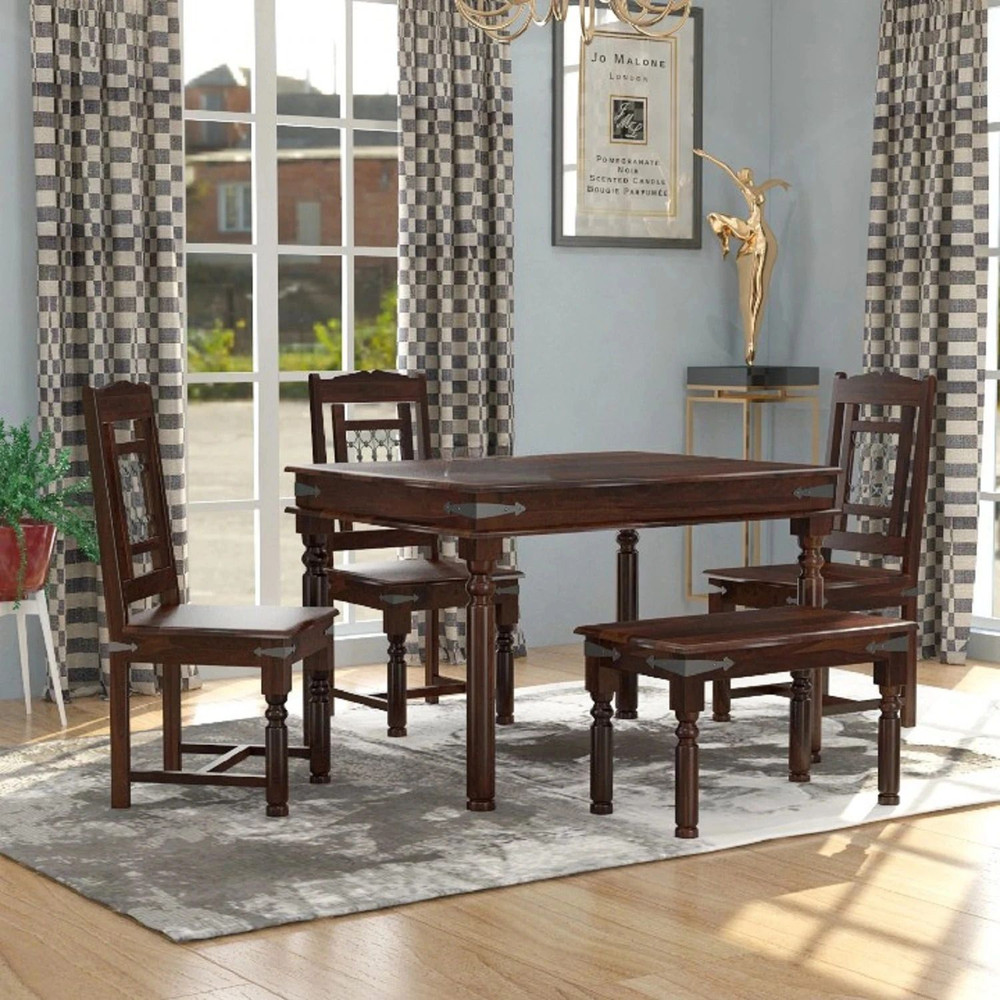 LOONART Solid Sheesham Wood Four Seater Dining Set With Chairs & Bench ...