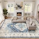 LOONGRUG 10x12 Area Rug Washable Vintage Boho Living Room Rug Navy Beige
