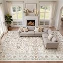 LOONGRUG 10x14 Area Rugs Washable Vintage Boho Living Room Rug Cream Blue