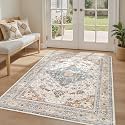 LOONGRUG 4x6 Rug Washable Vintage Boho Rug for Entryway Bedroom Beige Blue