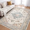 LOONGRUG 5x7 Area Rug Washable Vintage Boho Living Room Rug Beige Blue