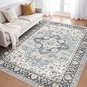 LOONGRUG 5x8 Area Rug Washable Vintage Boho Living Room Rug Blue Tan