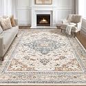 LOONGRUG 7x9 Area Rug Washable Vintage Boho Living Room Rug Beige Blue