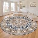 LOONGRUG Round Rug 10x10 Washable Vintage Boho Living Room Rug Yellow Blue