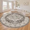 LOONGRUG Round Rug 10x10 Washable Vintage Boho Living Room Rug Grey Brown