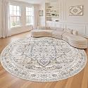 LOONGRUG Round Rug 10x10 Washable Vintage Boho Living Room Rug Ivory Gray