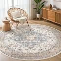 LOONGRUG Round Rug 4x4 Washable Vintage Boho Living Room Rug Beige Blue