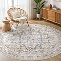 LOONGRUG Round Rug 6x6 Washable Vintage Boho Living Room Rug Ivory Gray