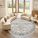 LOONGRUG Round Rug 7x7 Washable Vintage Boho Large Living Room Rug Taupe