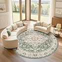 LOONGRUG Round Rug 8x8 Washable Vintage Boho Living Room Soft Rug Green