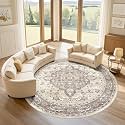 LOONGRUG Round Rug 8x8 Washable Vintage Boho Living Room Rug Beige Brown