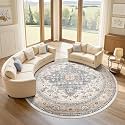 LOONGRUG Round Rug 8x8 Washable Vintage Boho Living Room Rug Beige Blue