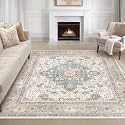 LOONGRUG Square Rug 8x8 Washable Vintage Boho Living Room Rug Beige Blue