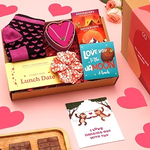 loopify valentine gift for girlfriend and wife gift hamper includes chocolates scented candle scented potpourri munchies fridge magnet necklace scrunchies and greeting card